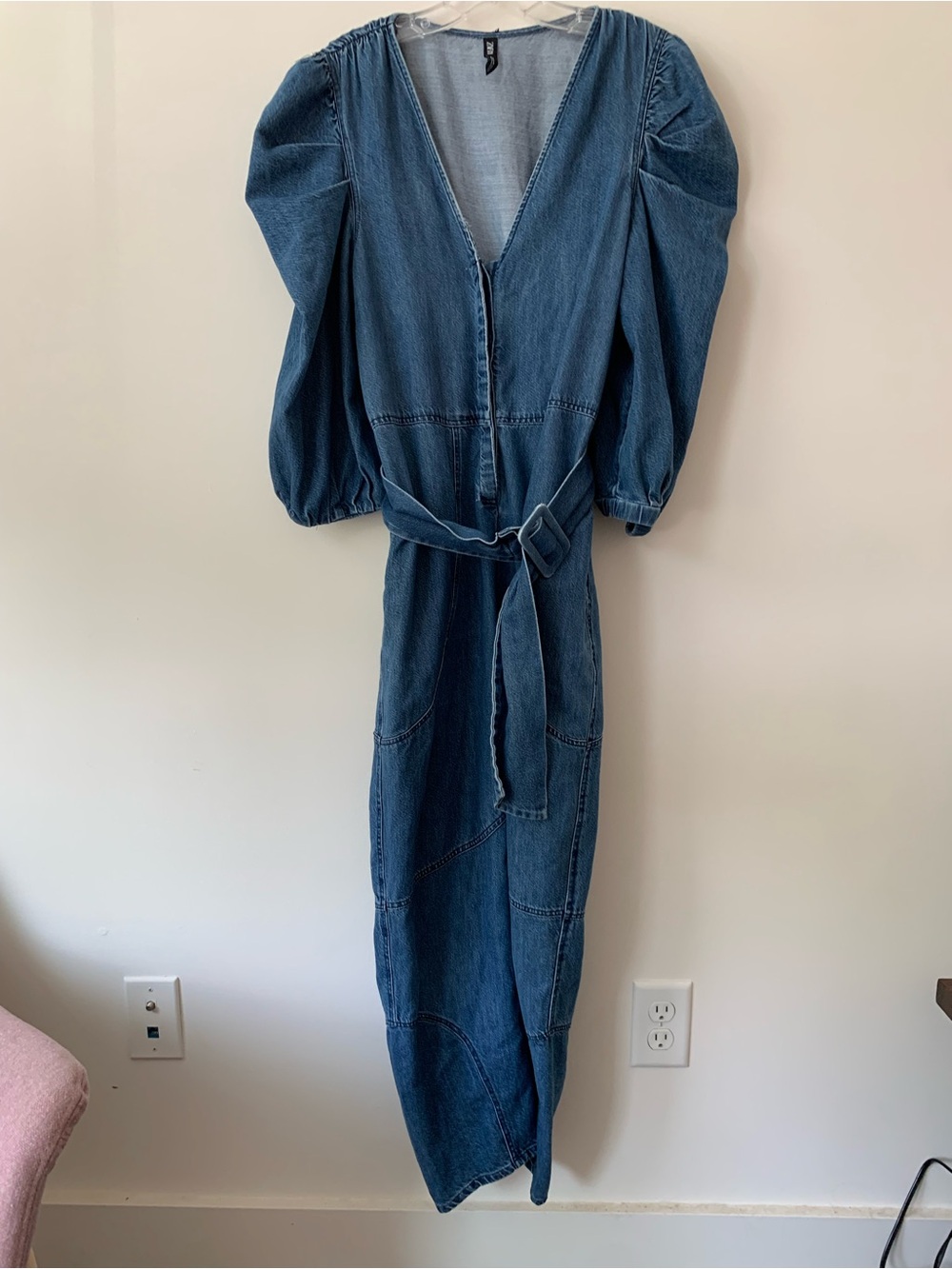 Vintage ZARA Medium Denim Puff-Sleeve Belted 80s vibe- Jumpsuit - Blue